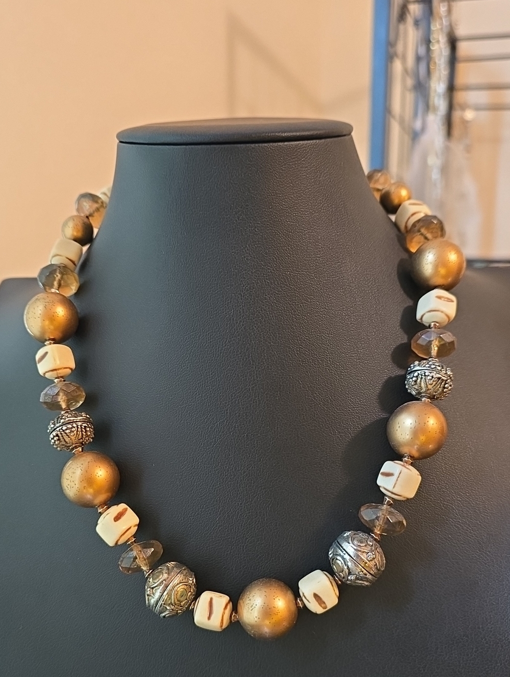 Gold and Cream Beaded Statement Necklace
